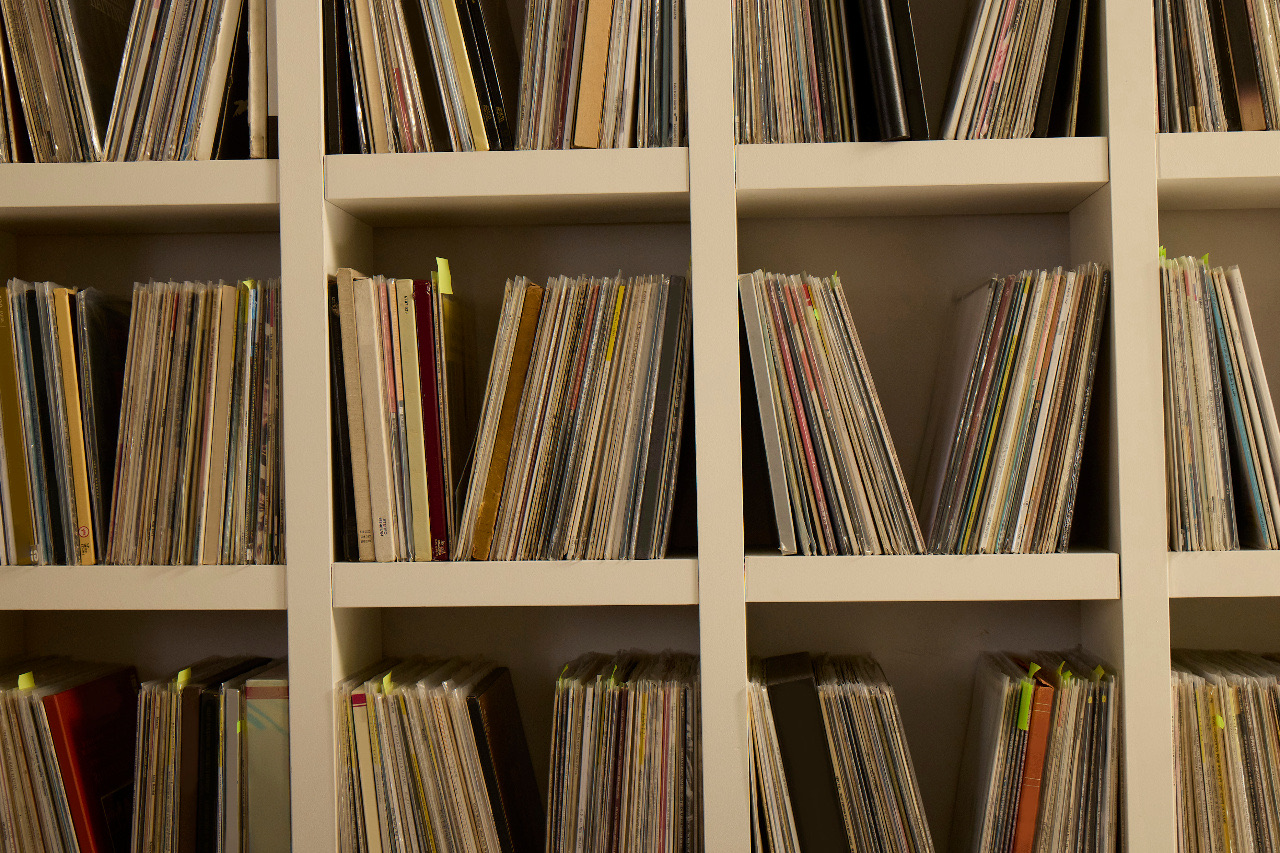 Shelves of records in a white wooden unit